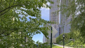 A park with a paved walkway, benches, and a playground area. - NYC Luxury 3bed/3 bath Westside Manhattan  (New York)