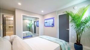 Une chambre d’hôtel moderne avec un grand lit, une télévision, une plante en pot et un espace douche.