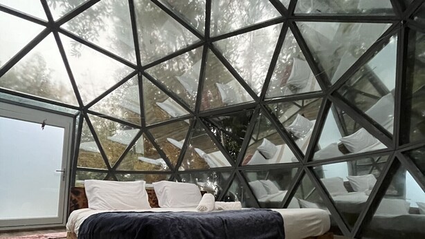 Un dormitorio moderno con techo de vidrio geométrico, estructura de cama de madera y vista a árboles.