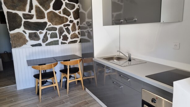 A modern kitchen with a stone accent wall, a sink, and wooden chairs. - studio 10 minutes from the beach (Olmeta-di-Tuda)