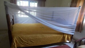 Una cama con una colcha amarilla y una mosquitera blanca.