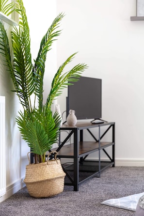 Una habitación con una planta grande en maceta, un televisor sobre un soporte de metal negro y un radiador blanco.