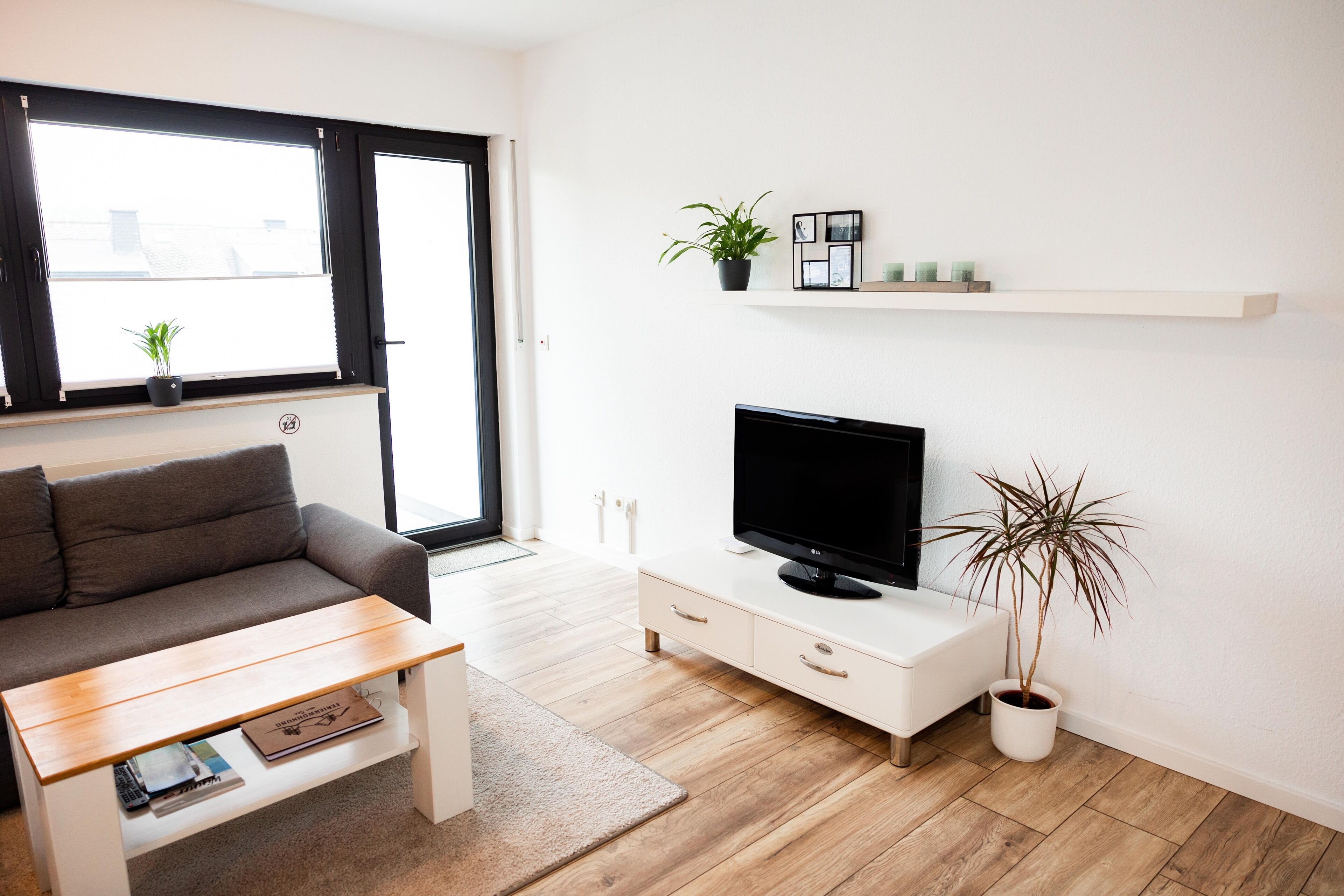 Una sala de estar moderna con un sofá, una mesa de centro, un televisor de pantalla plana, un mueble blanco y dos plantas en macetas.