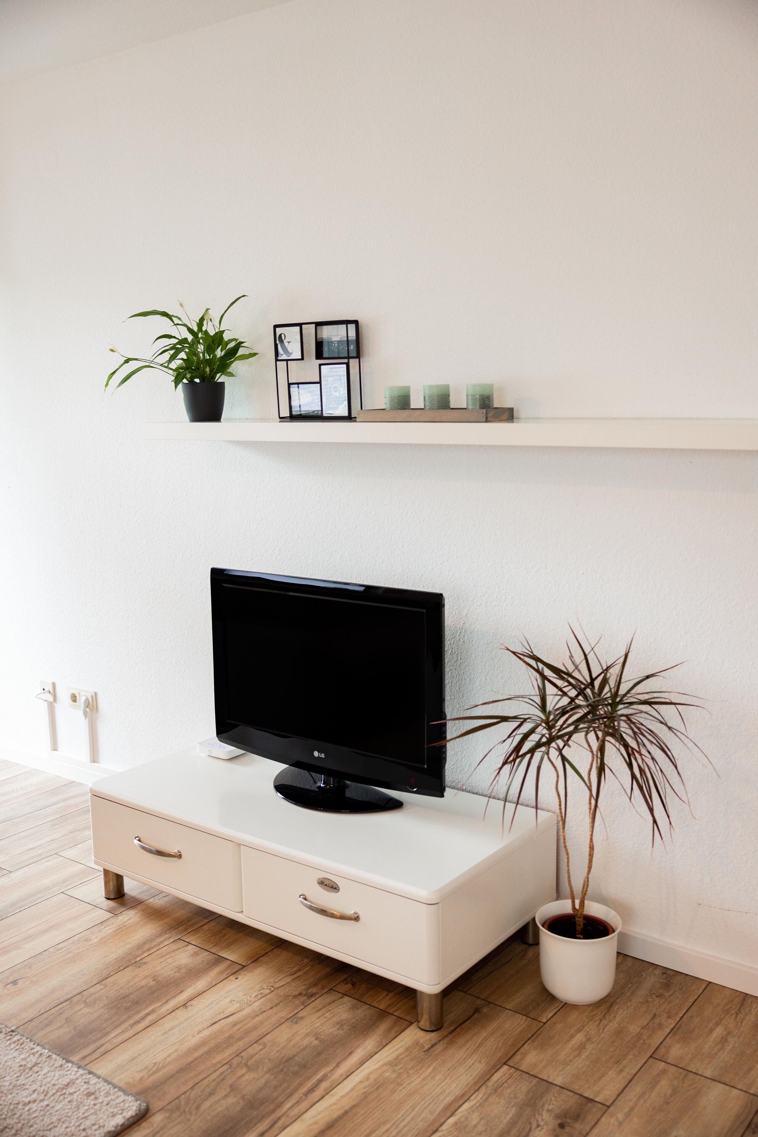 Uma sala de estar moderna com uma televisão de tela plana sobre um armário branco, uma planta em vaso e uma prateleira com objetos decorativos.