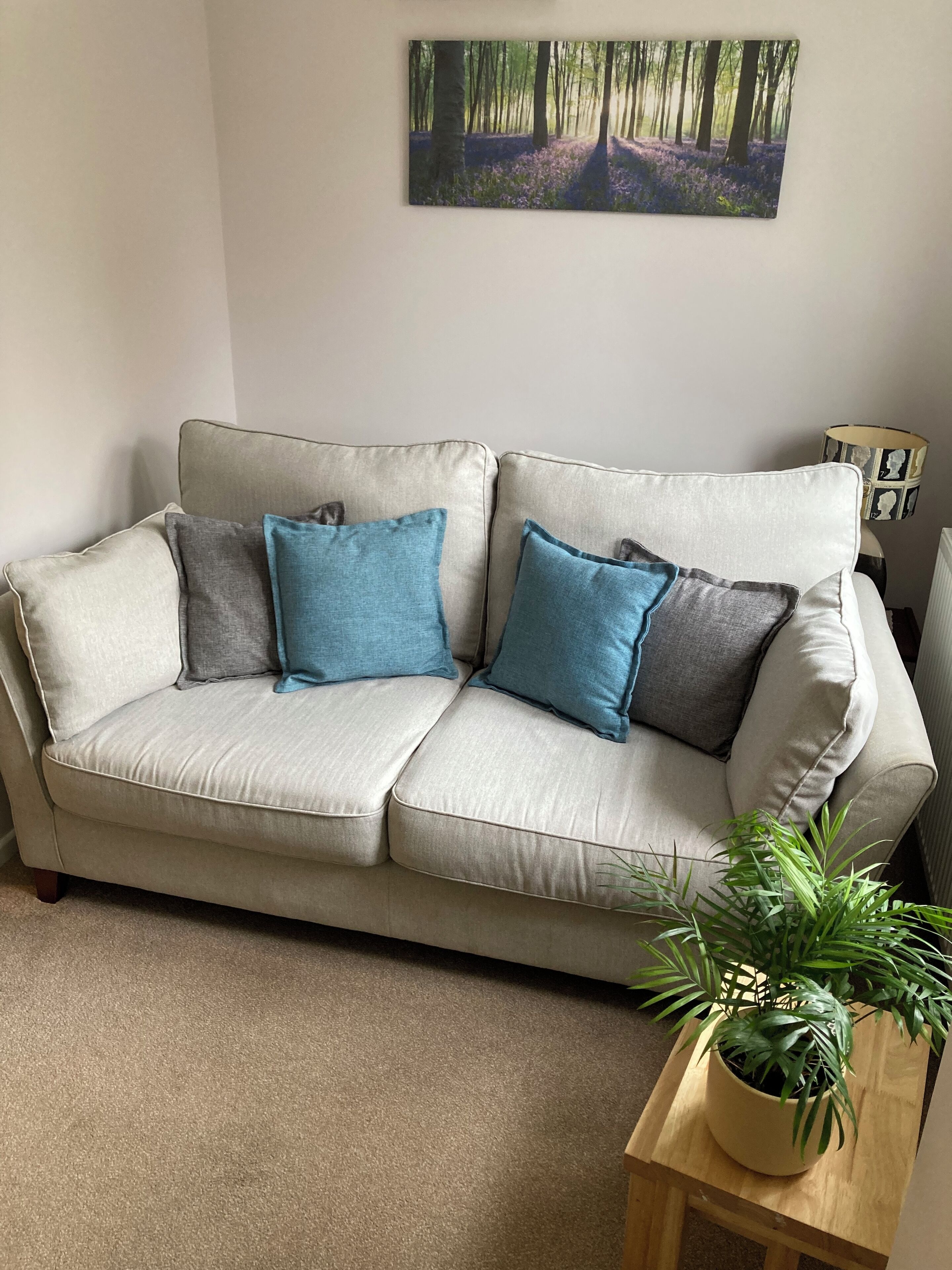 Een beige bank met blauwe en grijze kussens, een lijst met een boslandschap aan de muur en een potplant op een houten tafel.