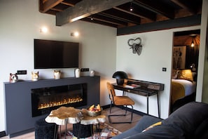 A modern living room with a fireplace, a flat-screen TV, a desk, and a comfortable seating area. - Iskö Chalets-hötel (Eaux-Bonnes)
