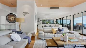 TV, fireplace, books, offices