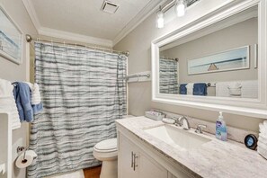 Hair dryer, towels, soap, toilet paper