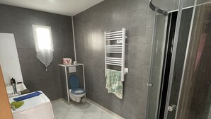 Et moderne badeværelse med bruser, toilet og vask.