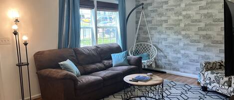 Smart TV, fireplace, video games, DVD player