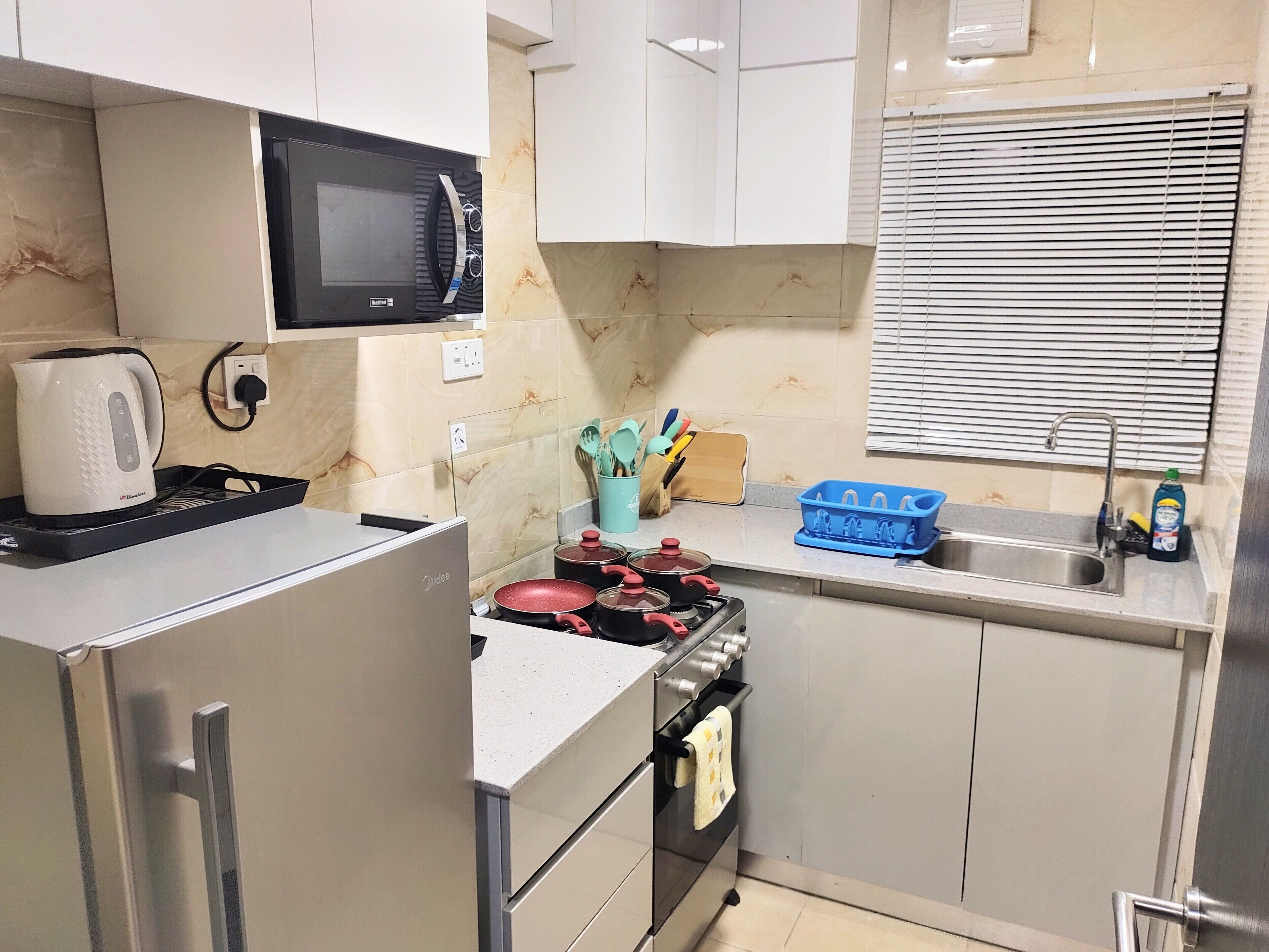 Fridge, microwave, oven, electric kettle