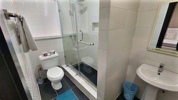 Shower, towels, toilet paper