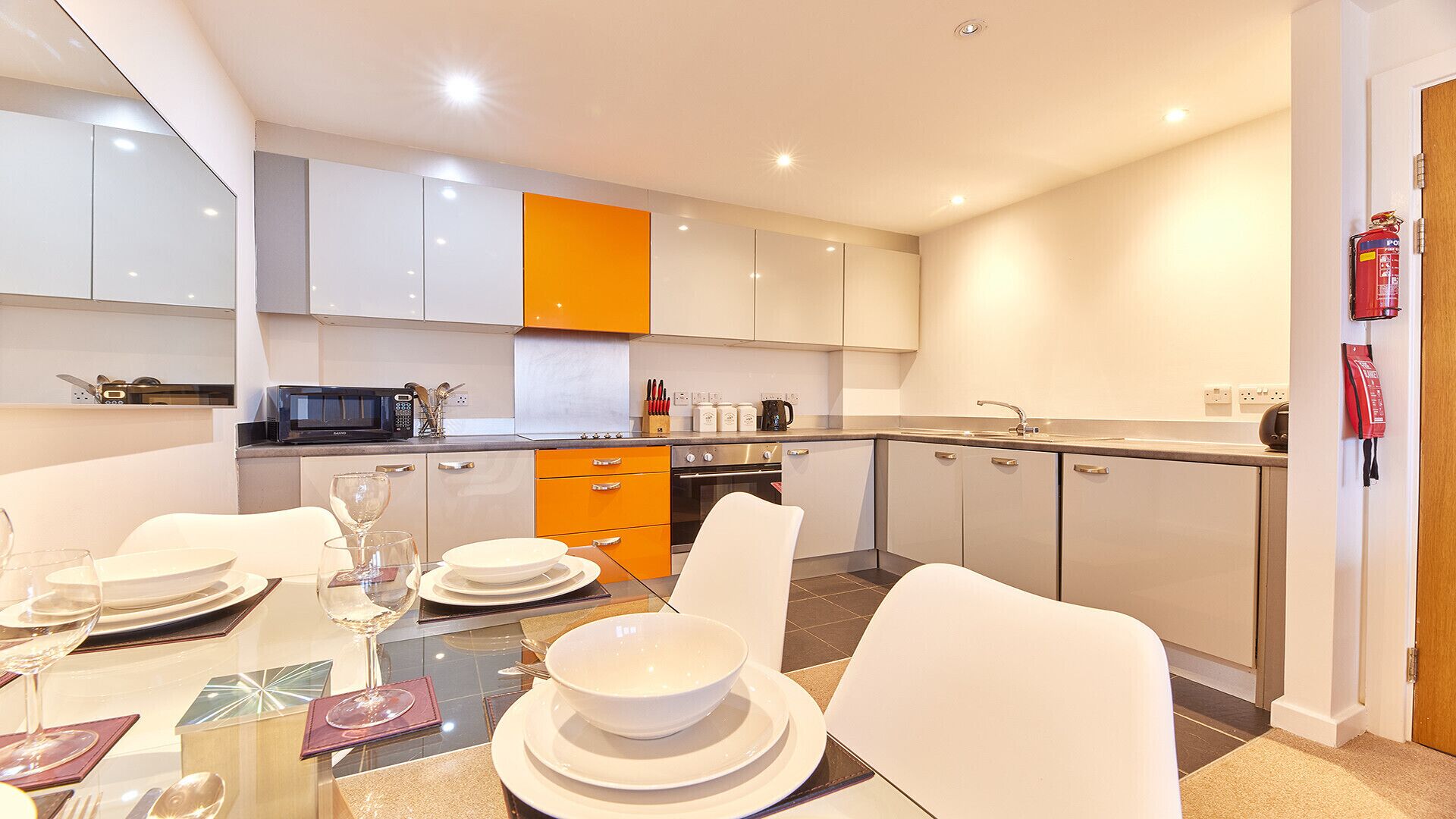 Fridge, microwave, oven, dishwasher