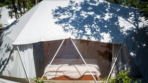 Een koepelvormige tent met een bed aan de binnenkant, omringd door bomen.