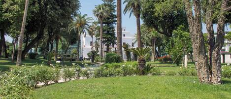 Un jardín exuberante con palmeras y un edificio blanco al fondo.