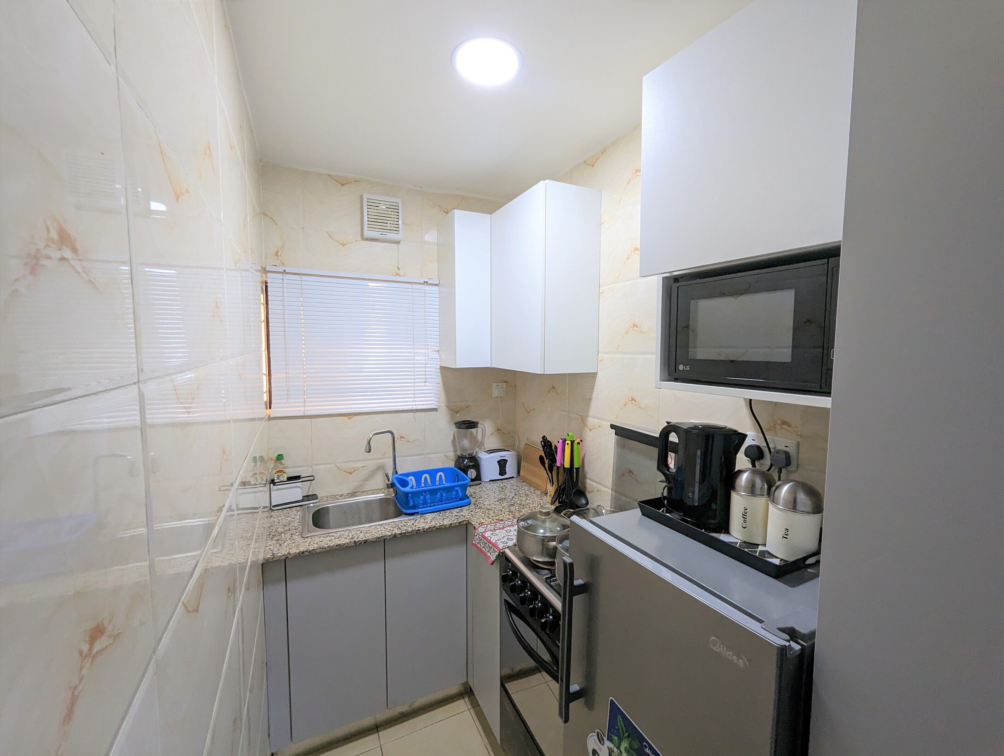 Fridge, microwave, oven, electric kettle