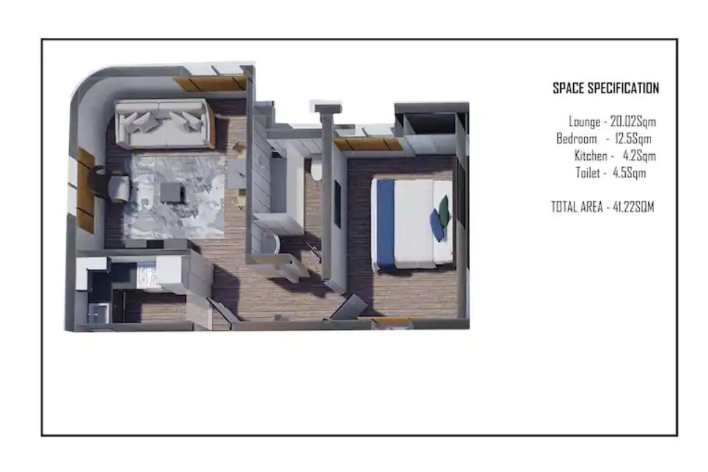 A floor plan of a hotel with a lounge (20.02sqm), bedroom (12.5sqm), kitchen (4.2sqm), and toilet (4.5sqm). Total area is 41.22sqm.