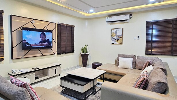 A modern living room with a flat-screen TV, sofa, coffee table, and a potted plant.