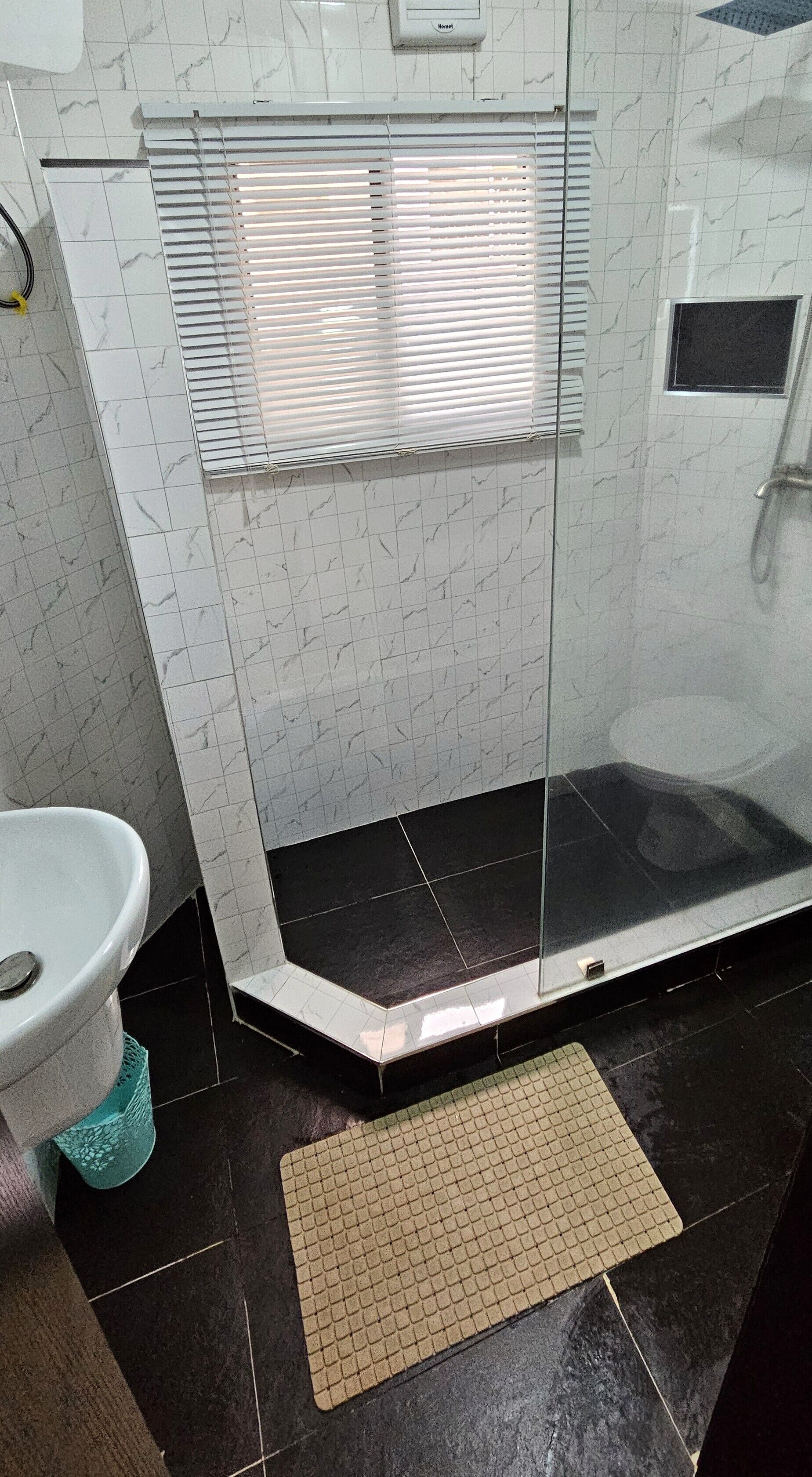 Shower, towels, toilet paper