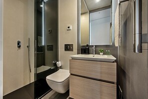 Shower, hair dryer, bidet, towels