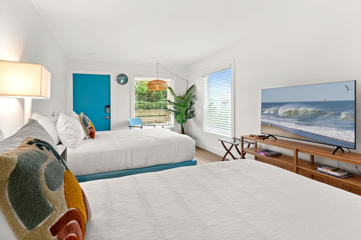 A hotel room with two beds, a TV, a plant, and a view of the ocean.