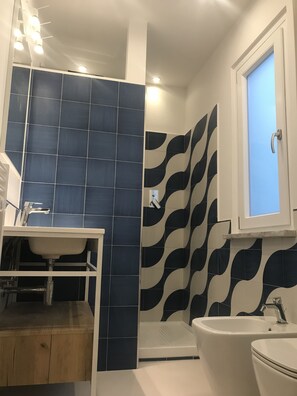 Douche, sèche-cheveux, bidet, serviettes fournies