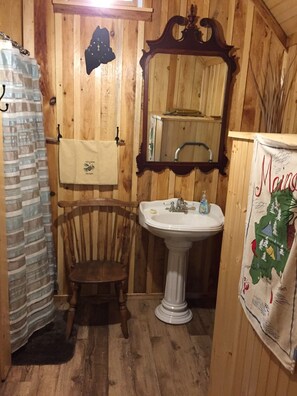Shower, towels, soap, toilet paper