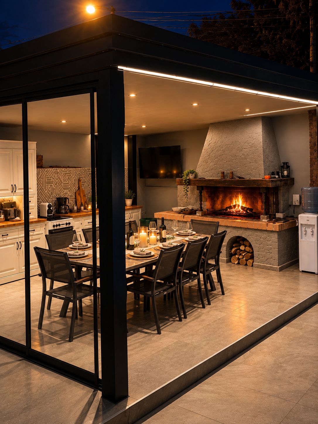 An outdoor dining area with a stone fireplace, a kitchen in the background, and a modern design.