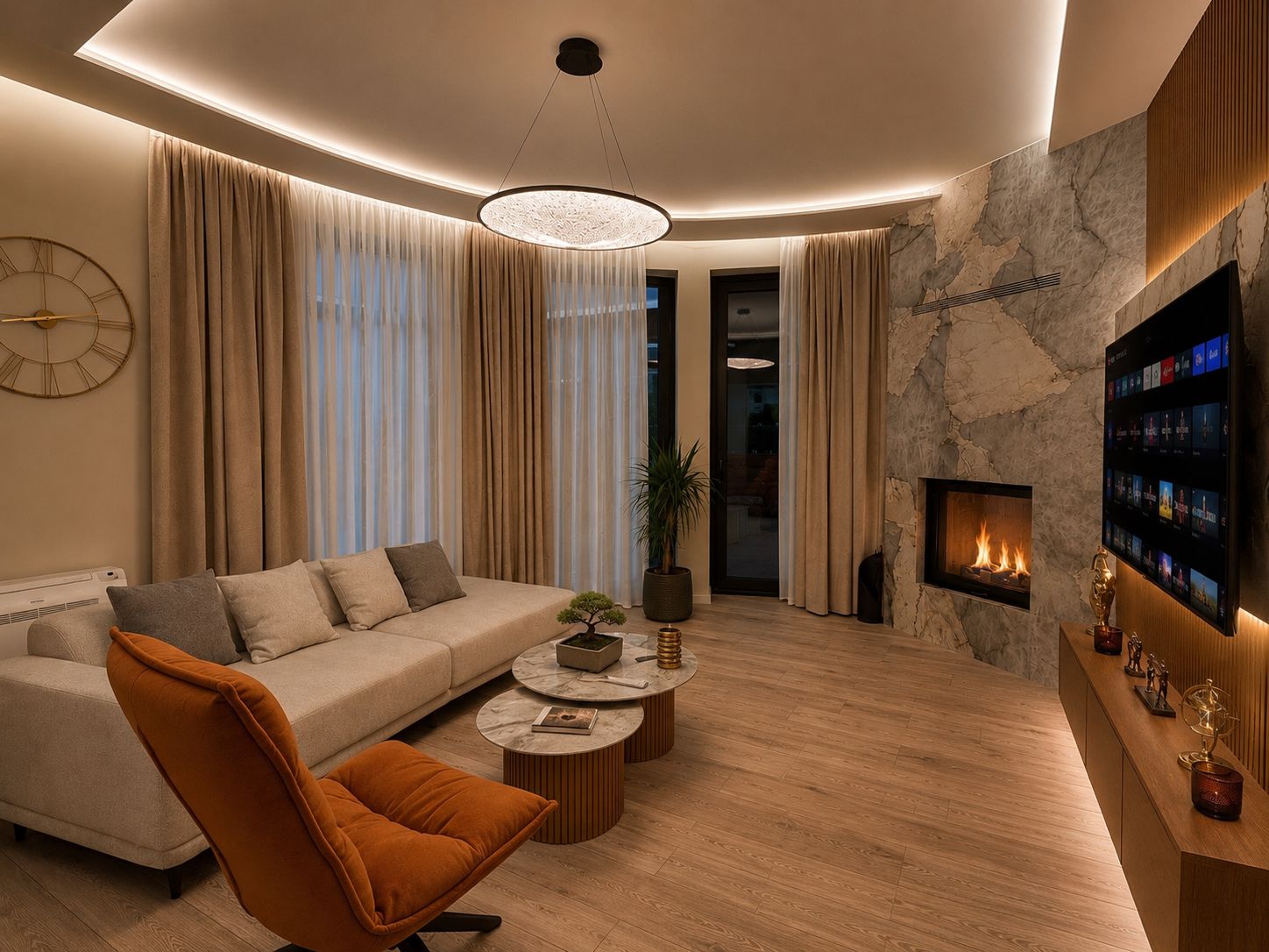 A modern living room with a sofa, armchair, coffee table, fireplace, and a wall-mounted TV.
