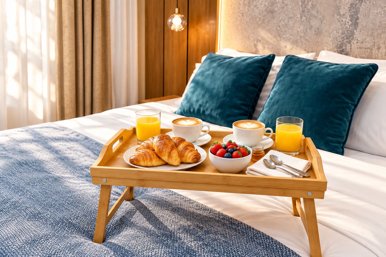 Un plateau de petit-déjeuner bien présenté, avec des croissants, un bol de fruits et deux tasses de café, posé sur un lit doté d’oreillers bleus et d’une tête de lit en bois.