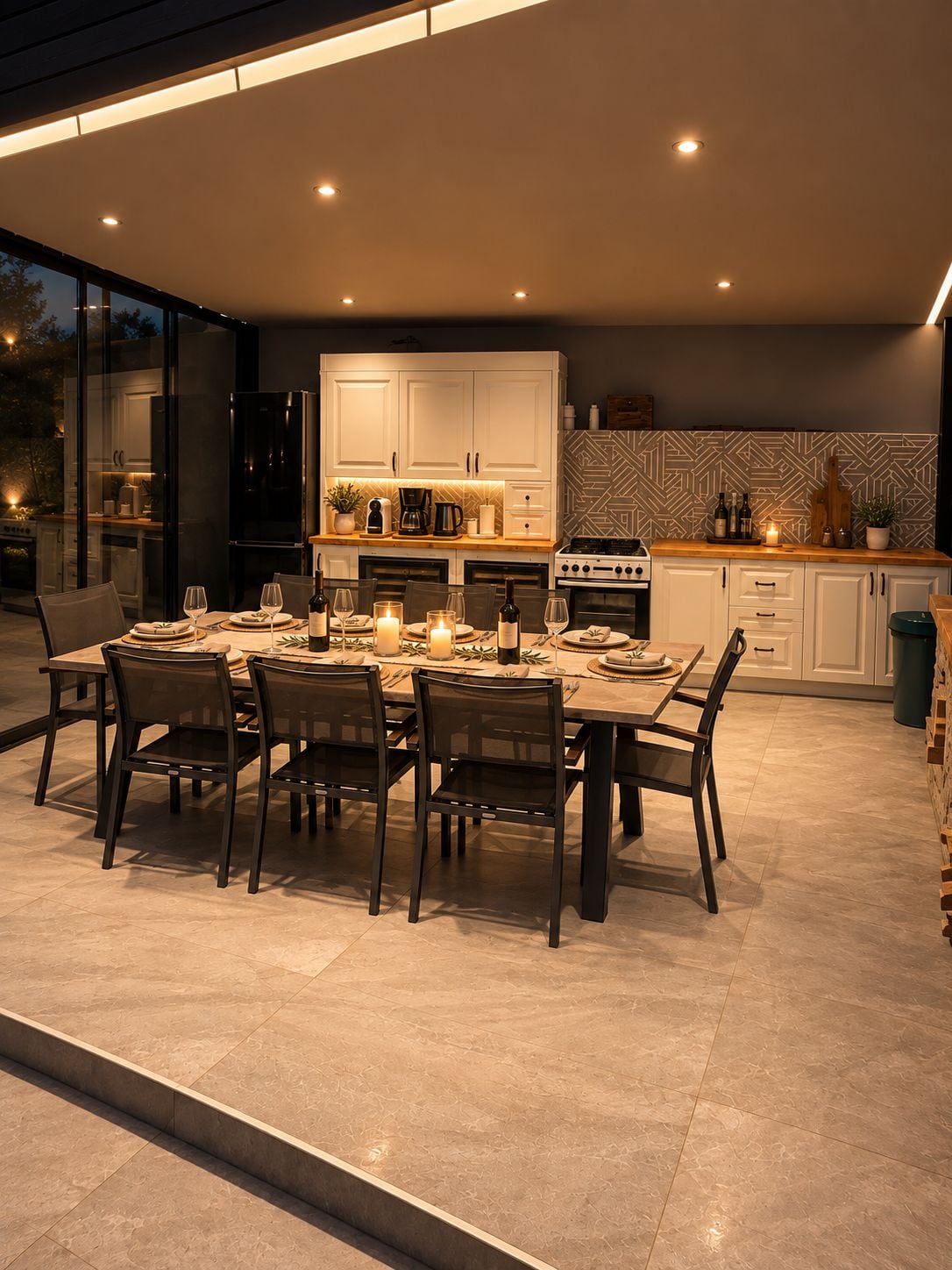 A modern kitchen with a dining area, featuring a large table set for six, white cabinetry, and a patterned backsplash.