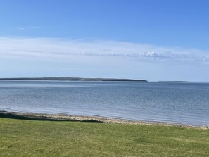 Un paysage côtier avec un premier plan herbeux et une mer calme.
