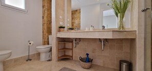 Bathtub, hair dryer, bidet, towels