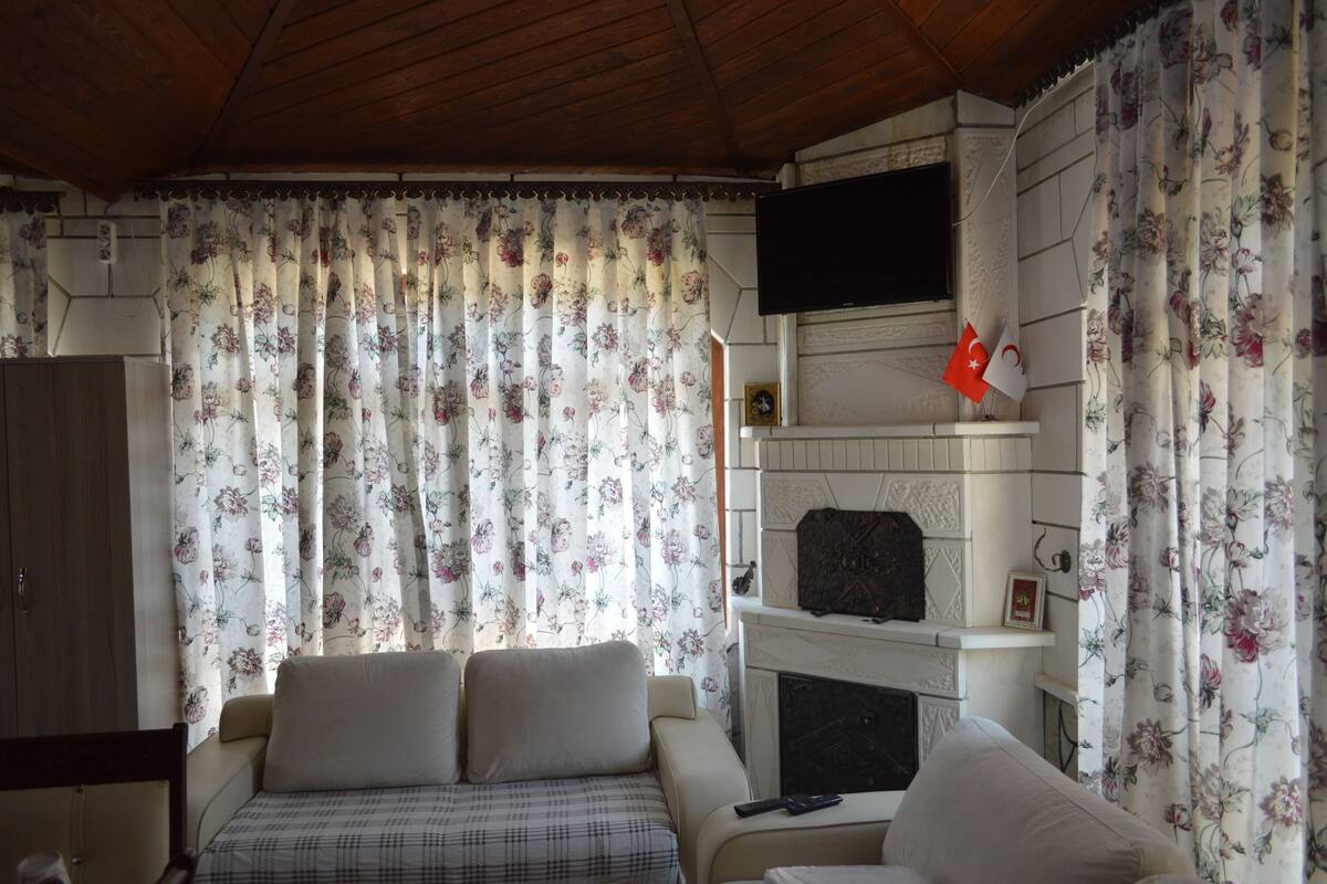 Quarto com cama, sofá, lareira e televisão na parede.