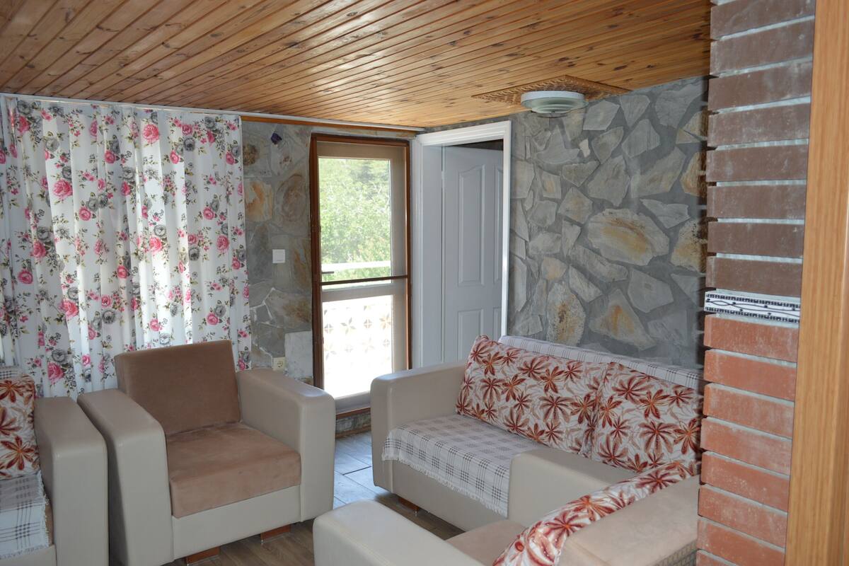 Quarto com teto de madeira, parede de pedra e janela com cortinas. Há dois sofás e uma poltrona.