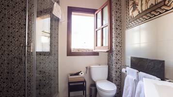 Une salle de bain avec une douche, des toilettes et une fenêtre.