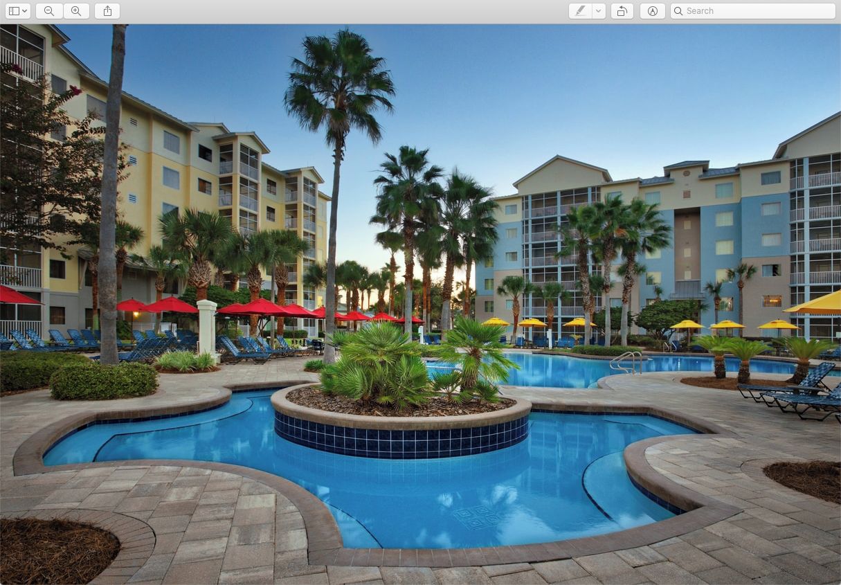 A swimming pool surrounded by palm trees and lounge chairs, with a multi-story hotel building in the background.