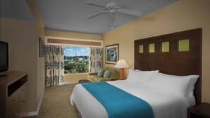 Une chambre d’hôtel comprenant un lit, une télévision, un ventilateur de plafond, une fenêtre avec des rideaux, un canapé et une lampe.