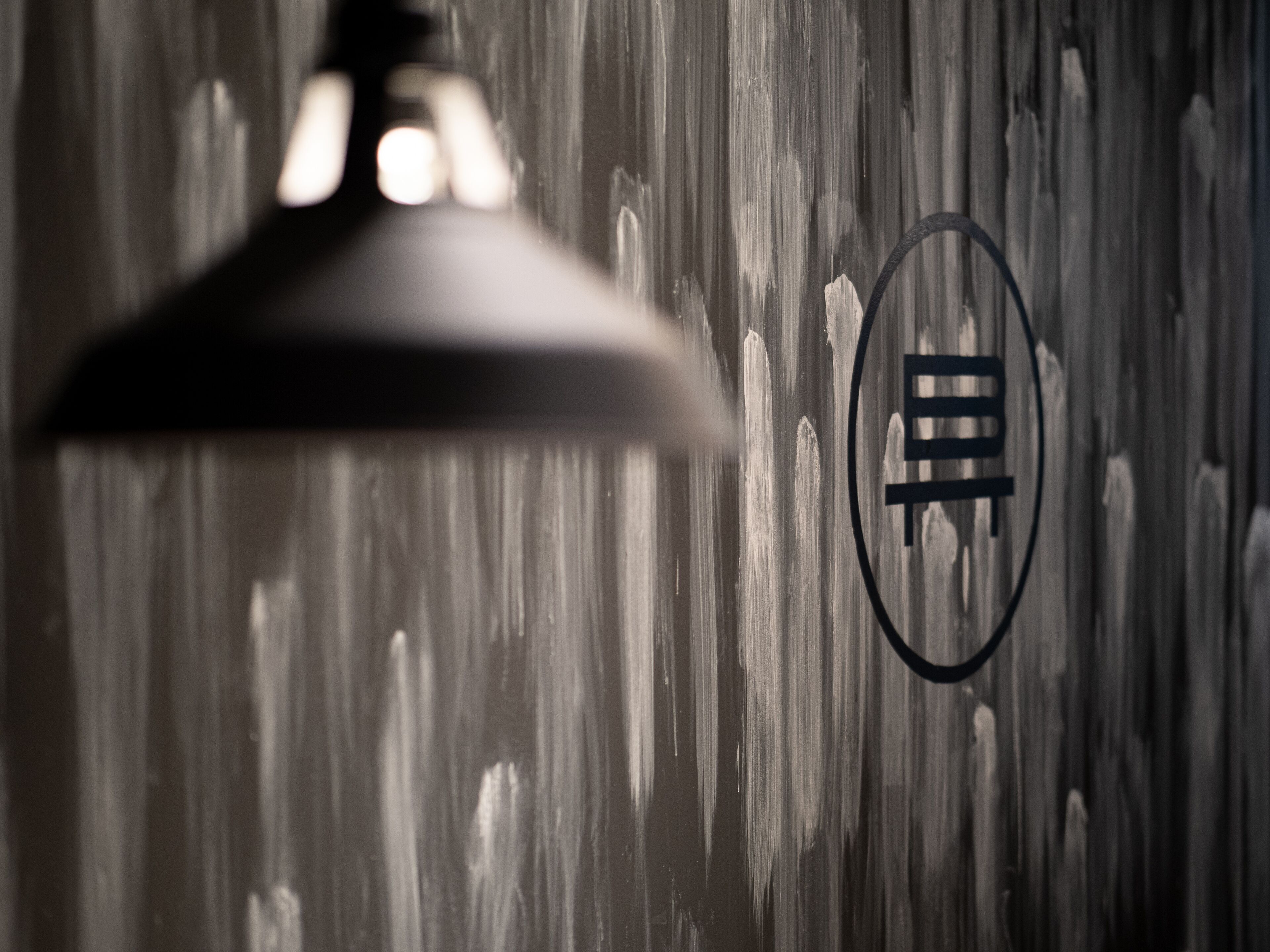 A close-up of a textured wall with a hanging pendant light and a circular emblem.