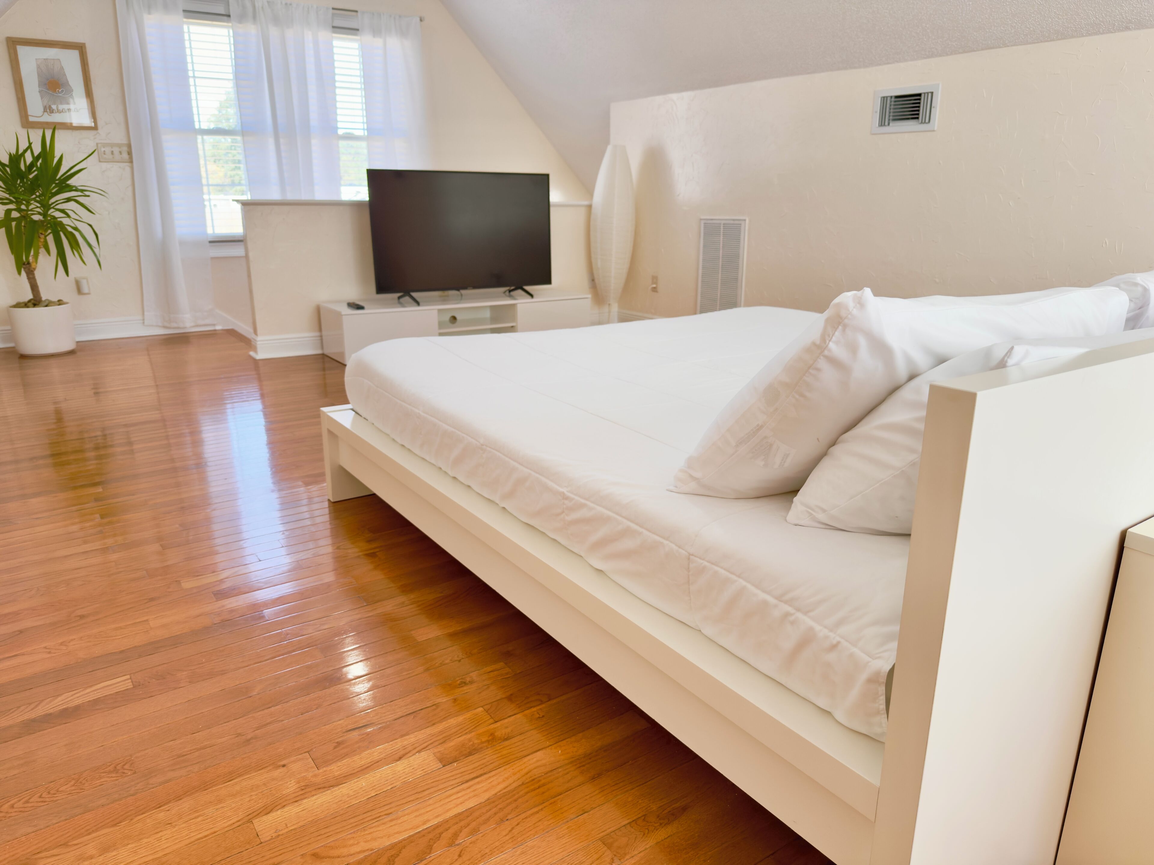 A bedroom with a bed, a TV, a potted plant, and a window with curtains.