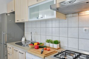 Frigorífico, microondas, horno y placa de cocina