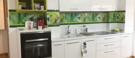 Fridge, oven, stovetop, coffee/tea maker