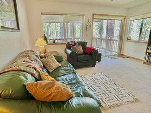 Un salon avec un canapé en cuir vert, un fauteuil foncé et un tapis à motifs. De grandes fenêtres offrent une vue sur les arbres.