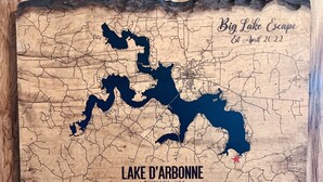 A map of Lake D'Arbonne, Louisiana, USA, with a date 'Big Lake Escape' and 'Est April 2022' marked on it.