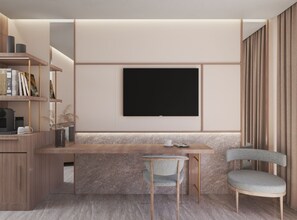 Tallelokero huoneessa, pimennysverhot, äänieristys, silitysrauta/-lauta