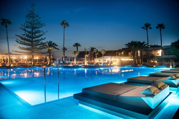 Outdoor pool, pool umbrellas, pool loungers