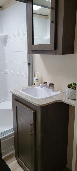 Shower, hair dryer, towels, toilet paper