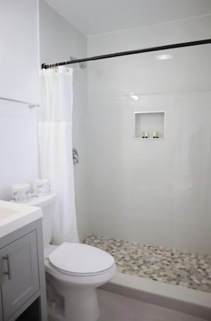 Ducha, secador de pelo, toallas, jabón