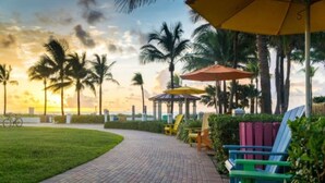 A paved pathway lined with colorful chairs and umbrellas, leading to a beach with palm trees and a sunset. - Newly Remodeled Home with Spacious Backyard! (Fort Lauderdale)