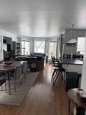 A spacious living area with a dining table, chairs, a sofa, and a kitchen area with a counter and sink.
